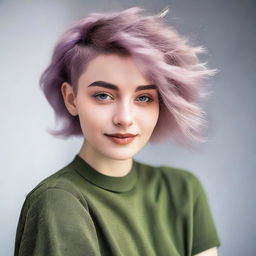 A young woman with a random haircut and any natural hair color, showcasing a trendy and stylish look