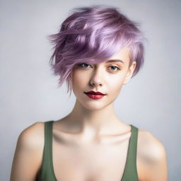 A young woman with a random haircut and any natural hair color, showcasing a trendy and stylish look