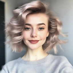 A young woman with a random haircut and any natural hair color, showcasing a trendy and stylish look