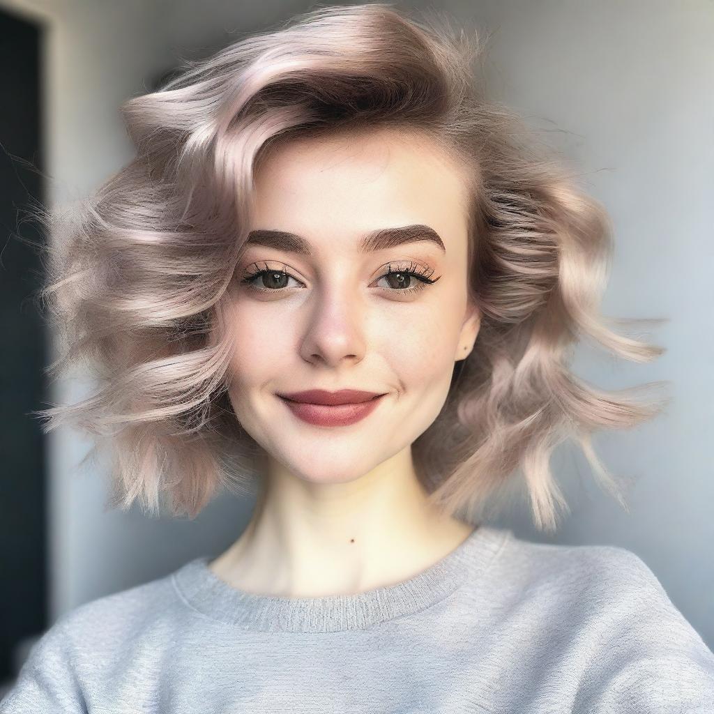A young woman with a random haircut and any natural hair color, showcasing a trendy and stylish look