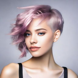 A young woman with a random haircut and any natural hair color, showcasing a trendy and stylish look