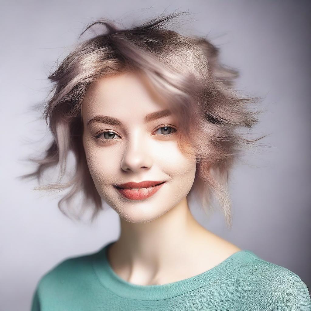 A young woman with a random haircut and any natural hair color, showcasing a trendy and stylish look