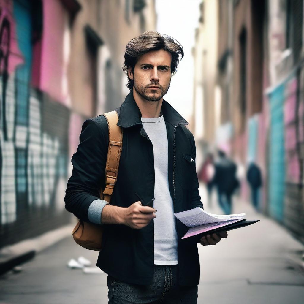 A rebellious journalist standing in an urban environment, holding a notepad and pen