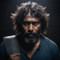 An Indian man with a dark complexion, thick, messy hair reaching down to his cheeks, and a beard, wielding two short axes in a dark, atmospheric setting.