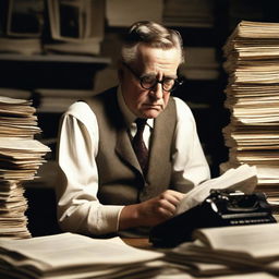 An old journalist working in a dimly lit newsroom, reminiscent of classic movies from the 1940s