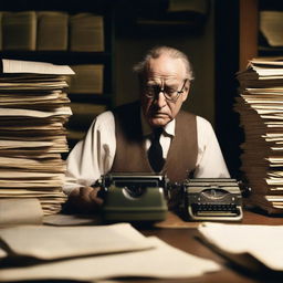 An old journalist working in a dimly lit newsroom, reminiscent of classic movies from the 1940s