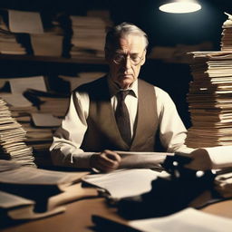 An old journalist working in a dimly lit newsroom, reminiscent of classic movies from the 1940s