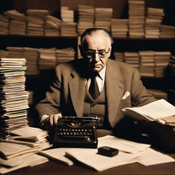 An old journalist working in a dimly lit newsroom, reminiscent of classic mafia movies from the 1940s