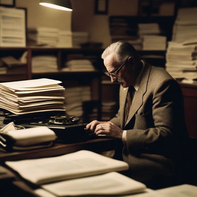 An old journalist working in a dimly lit newsroom, reminiscent of classic mafia movies from the 1940s