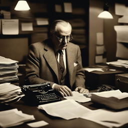 An old journalist working in a dimly lit newsroom, reminiscent of classic mafia movies from the 1940s