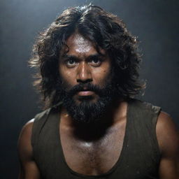 An Indian man with a dark complexion, thick, messy hair reaching down to his cheeks, and a beard, wielding two short axes in a dark, atmospheric setting.