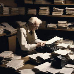 An old journalist with a faceless appearance, working in a cluttered, dimly lit newsroom