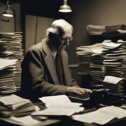 An old journalist with a faceless appearance, working in a cluttered, dimly lit newsroom