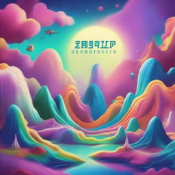 Create an album cover featuring a surreal landscape with vibrant colors, mystical creatures, and an abstract design