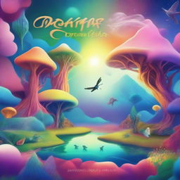 Create an album cover featuring a surreal landscape with vibrant colors, mystical creatures, and an abstract design