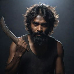 An Indian man with a dark complexion, thick, messy hair reaching down to his cheeks, and a beard, wielding two short axes in a dark, atmospheric setting.