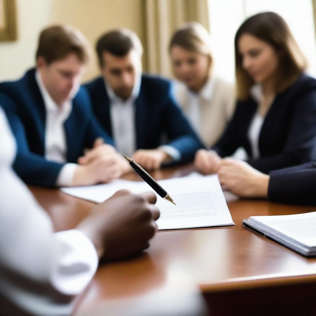 A close-up of a hand signing a document with a fountain pen, surrounded by people sitting around a table