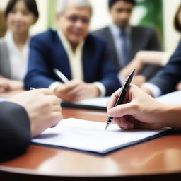 A close-up of a hand signing a document with a fountain pen, surrounded by people sitting around a table