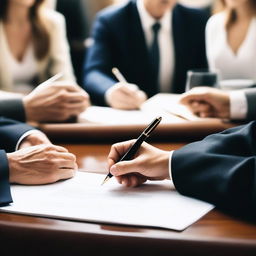 A close-up of a hand signing a document with a fountain pen, surrounded by people sitting around a table