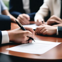 A close-up of a hand signing a document with a fountain pen, surrounded by people sitting around a table