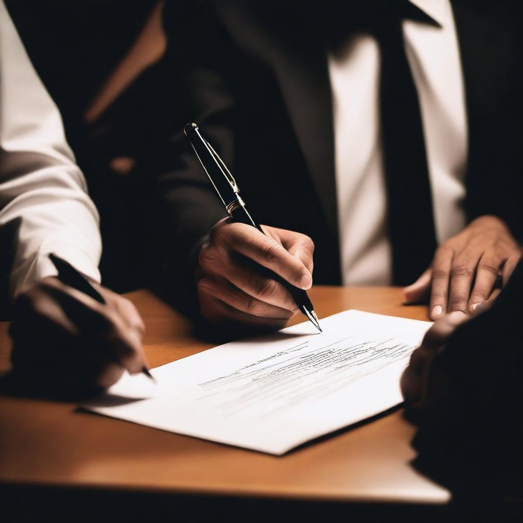 A close-up of a hand signing a document with a fountain pen, surrounded by people sitting around a table in a dimly lit room