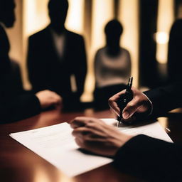 A close-up of a hand signing a document with a fountain pen, surrounded by people sitting around a table in a dimly lit room