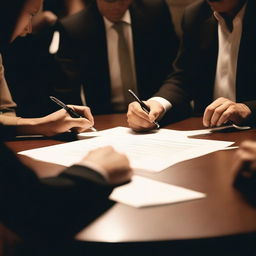 A close-up of a hand signing a document with a fountain pen, surrounded by people sitting around a table in a dimly lit room