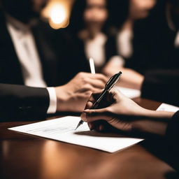 A close-up of a hand signing a document with a fountain pen, surrounded by people sitting around a table in a dimly lit room