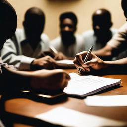 A close-up of a prisoner's hand signing a document with a pen, surrounded by people sitting around a table in a dimly lit room