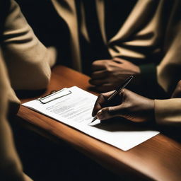 A close-up of a prisoner's hand signing a document with a pen, surrounded by people sitting around a table in a dimly lit room