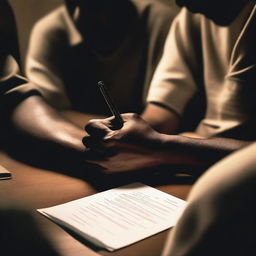 A close-up of a prisoner's hand signing a document with a pen, surrounded by people sitting around a table in a dimly lit room