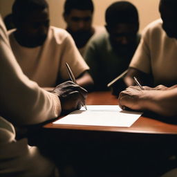 A close-up of a prisoner's hand signing a document with a pen, surrounded by people sitting around a table in a dimly lit room