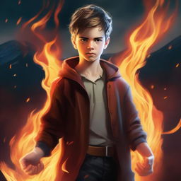 A realistic depiction of a boy wielding the power of fire