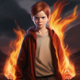 A realistic depiction of a boy wielding the power of fire