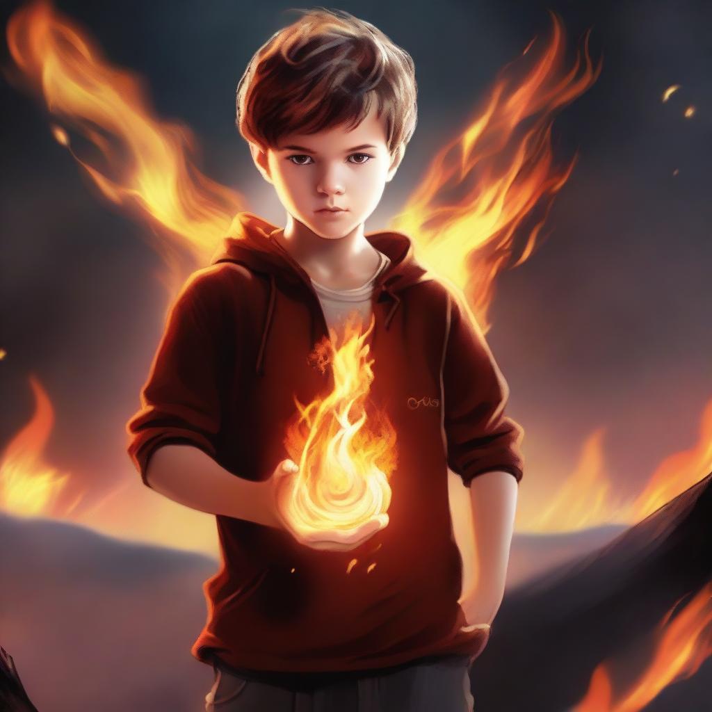 A realistic depiction of a boy wielding the power of fire