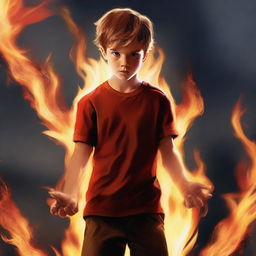 A realistic depiction of a boy wielding the power of fire