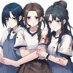 Two girls positioned in the center of the image, one with brown hair in two braids, gothic makeup, and blood on her face, the other with wavy dark brown hair, with an innocent but determined expression