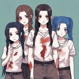 Two girls positioned in the center of the image, one with brown hair in two braids, gothic makeup, and blood on her face, the other with wavy dark brown hair, with an innocent but determined expression