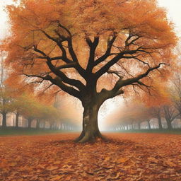 A cover image featuring a tree with only a few leaves left on its branches and a large pile of fallen leaves at its base