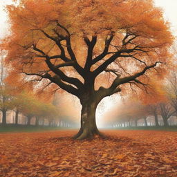 A cover image featuring a tree with only a few leaves left on its branches and a large pile of fallen leaves at its base