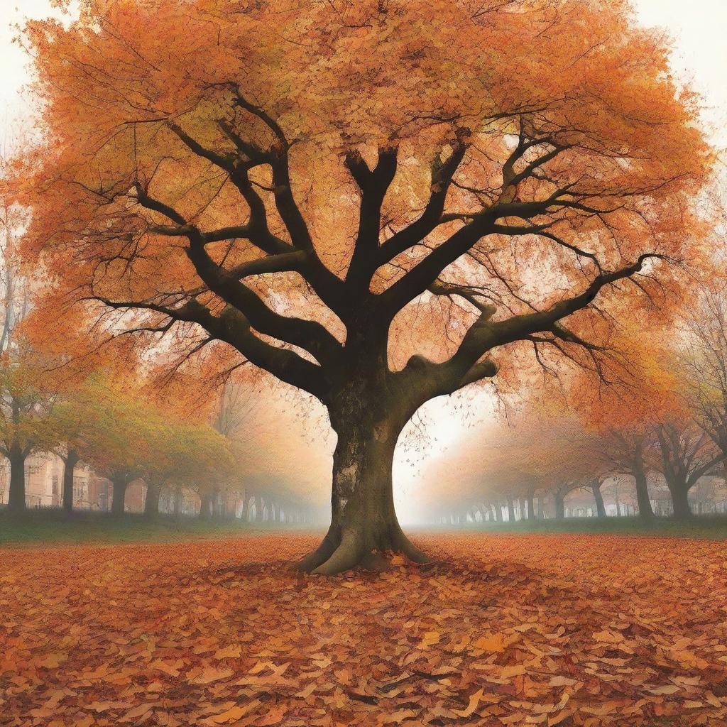 A cover image featuring a tree with only a few leaves left on its branches and a large pile of fallen leaves at its base