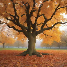 A cover image featuring a tree with only a few leaves left on its branches and a large pile of fallen leaves at its base