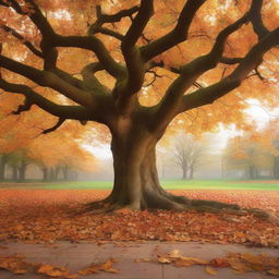 A cover image featuring a tree with only a few leaves left on its branches and a large pile of fallen leaves at its base