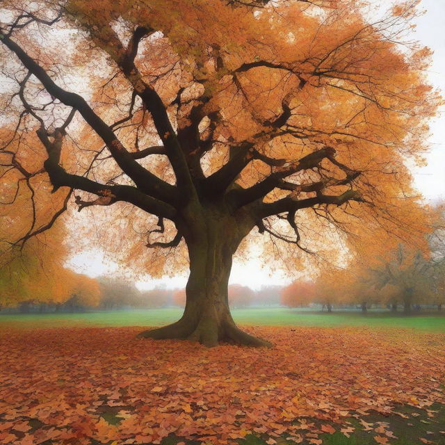 A cover image featuring a tree with only a few leaves left on its branches and a large pile of fallen leaves at its base