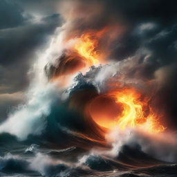 A dynamic and intense scene showcasing the collision of water and fire
