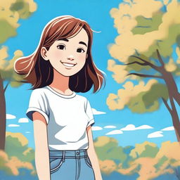 A detailed illustration of a young girl with a cheerful expression, wearing casual clothes and standing in a sunny park