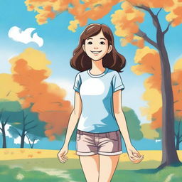 A detailed illustration of a young girl with a cheerful expression, wearing casual clothes and standing in a sunny park