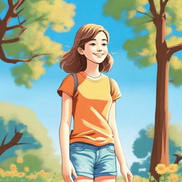 A detailed illustration of a young girl with a cheerful expression, wearing casual clothes and standing in a sunny park