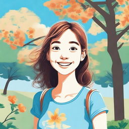 A detailed illustration of a young girl with a cheerful expression, wearing casual clothes and standing in a sunny park