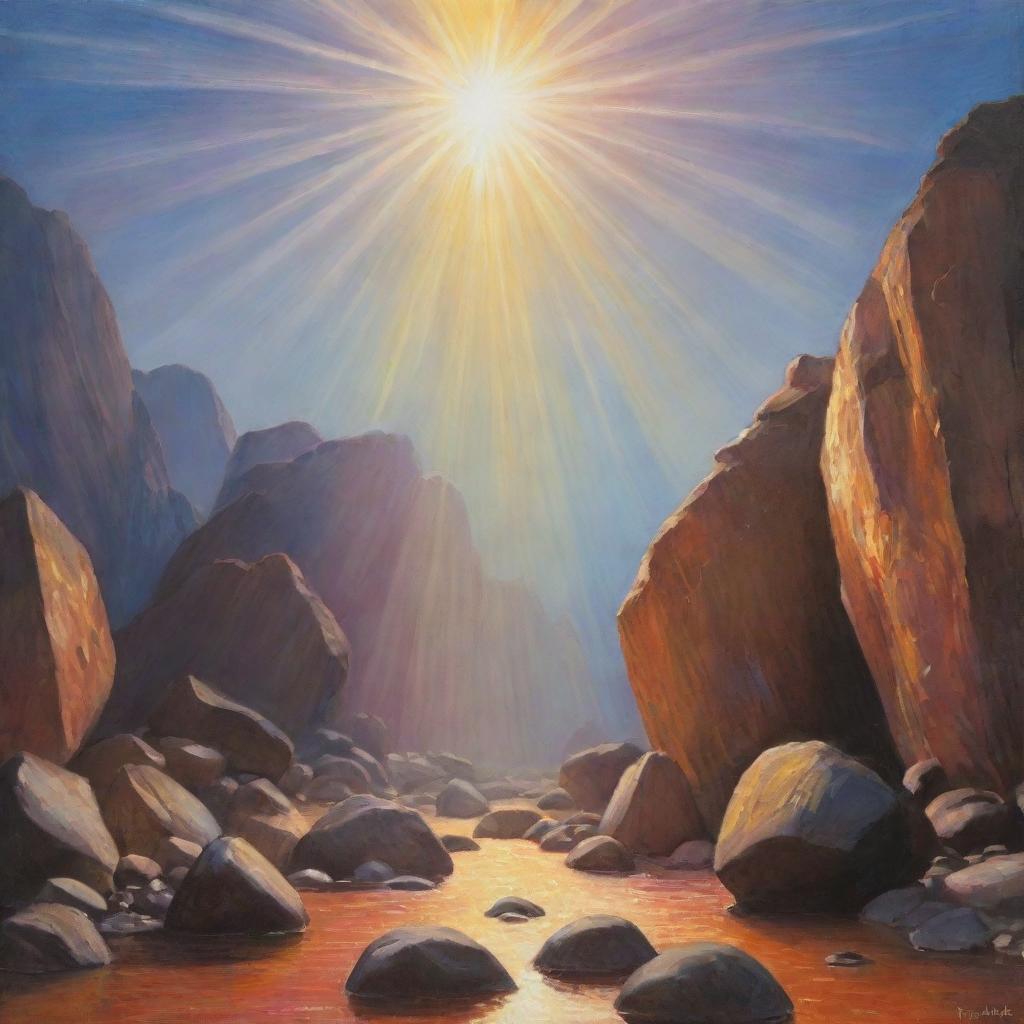 A vivid painting with the name 'JYOTI' prominently displayed, bathed in rays of light. Above the name, large rocks float mysteriously.